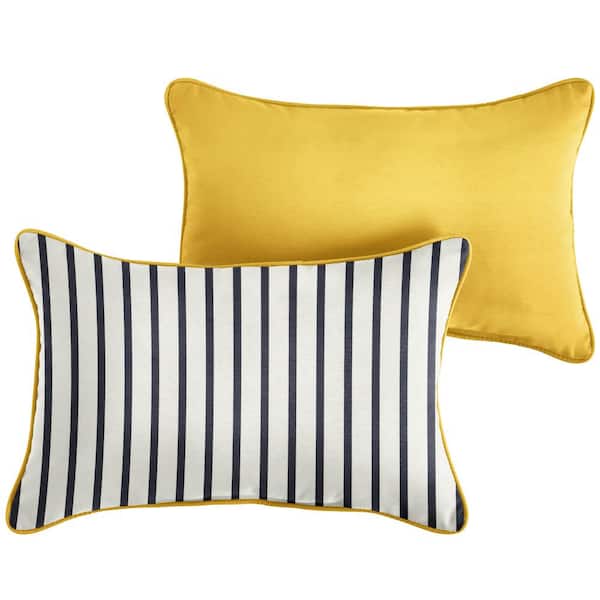 SORRA HOME Sunbrella Blue White Stripe with Sunflower Yellow Rectangular Outdoor Lumbar Pillow