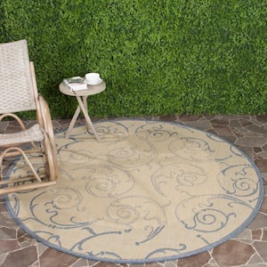 Courtyard Natural/Blue 5 ft. x 5 ft. Round Border Indoor/Outdoor Patio  Area Rug