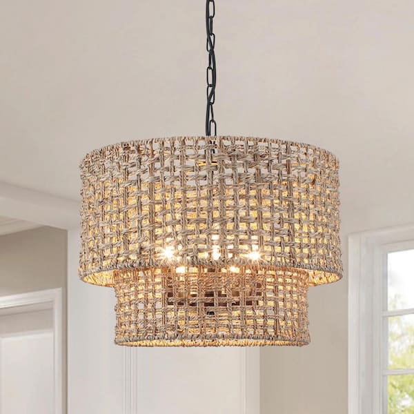 5-Light Drum Black Hanging Linear Chandelier Lighting Candlestick Light with Rattan Shaded for Kitchen Island