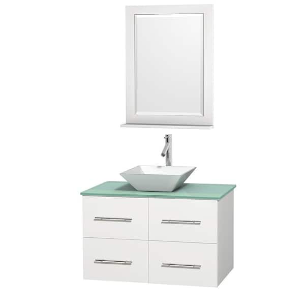 Wyndham Collection Centra 36 in. Vanity in White with Glass Vanity Top in Green, Porcelain Sink and 24 in. Mirror