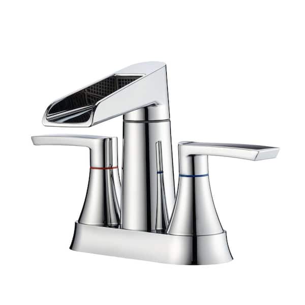 Lukvuzo 4 in. Centerset Double Handle Low Arc Bathroom Faucet with Drain Kit Included in Chrome