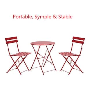 3-Piece Steel Outdoor Bistro Folding Metal Patio Furniture Set Red