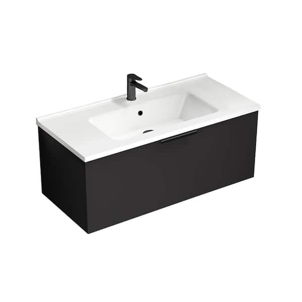 Nameeks Bodrum 39.37 in. W x 17.72 in. D x 16.14 in . H Wall Mounted Bath Vanity in Matte Black with Vanity Top Basin in White