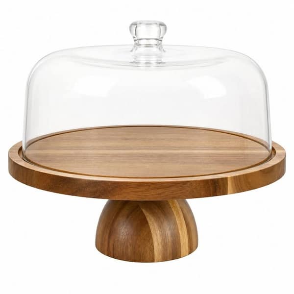 Brown 12 in. 1-Tier Acacia Wood Cake Stand with Lid, 2-in-1 Round Dessert Table Display Set for Charcuterie Board Cheese