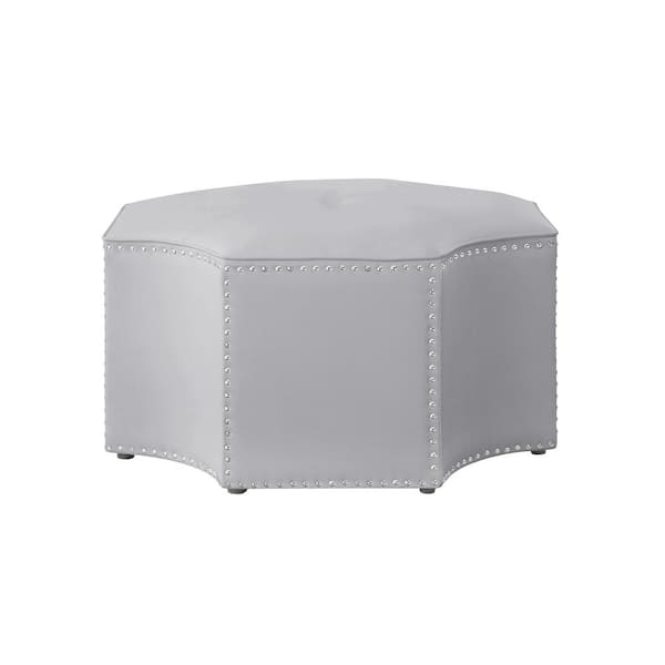 Nicole Miller Joziah Silver PU Leather Cocktail Ottoman with Upholstered