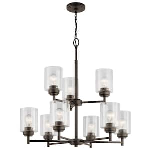 Winslow 27 in. 9-Light Olde Bronze 2-Tier Contemporary Shaded Cylinder Chandelier for Dining Room