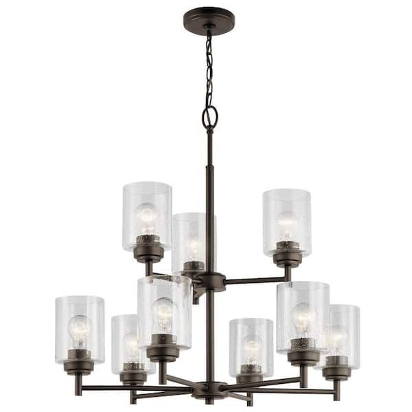 KICHLER Winslow 27 in. 9-Light Olde Bronze 2-Tier Contemporary Shaded Cylinder Chandelier for Dining Room