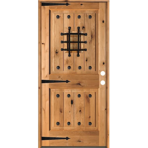 Krosswood Doors 42 in. x 80 in. Mediterranean Knotty Alder Square Top Clear Stain Left-Hand Inswing Wood Single Prehung Front Door
