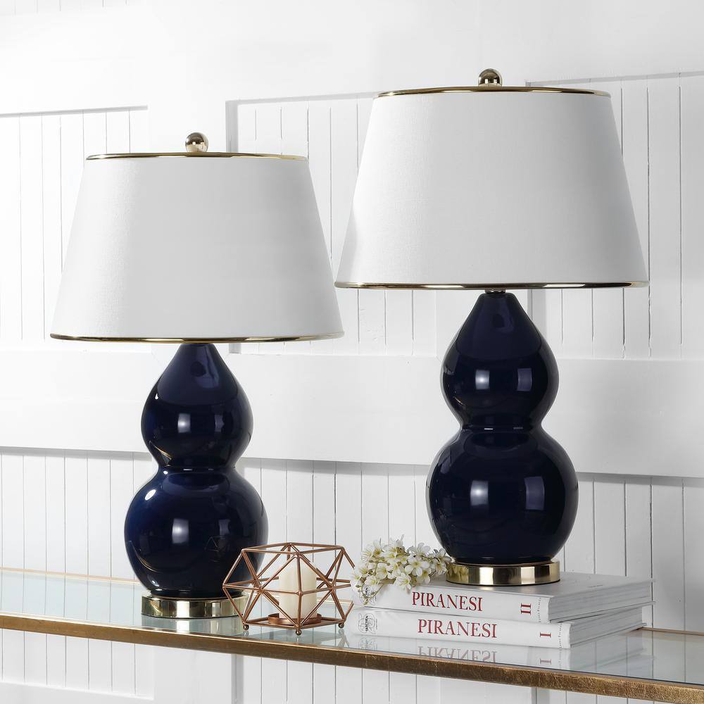 Navy Ceramic Double Gourd Table Lamp Set with Off-White Shades
