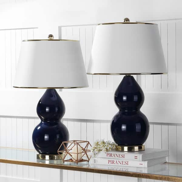 Jill 25.5 in. Navy Double Gourd Ceramic Table Lamp with Off-White Shade (Set of 2)