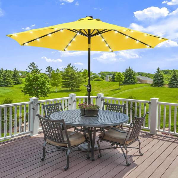 JOYESERY 9 ft. Solar LED Market Patio Umbrellas with Solar Lights Tilt Button in Yellow