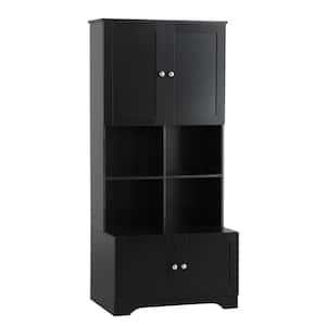 31 in. W x 12 in. D x 67 in. H Black Linen Cabinet with 4 Doors, Adjustable Shelves, Open multi-layer Shelves