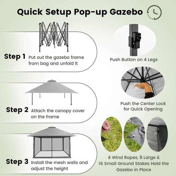 Costway 13 ft. x 13 ft. Grey Pop-Up Instant Canopy Tent Mesh