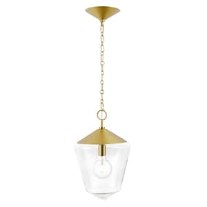 Beau 14 in. 1-Light Brushed Bras Pendant Light with Clear Glass Shade