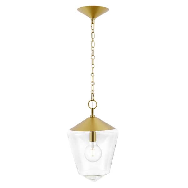 Light Society Beau 14 in. 1-Light Brushed Bras Pendant Light with Clear Glass Shade