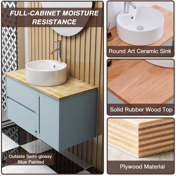 36 in. Wall Mounted Single Sink Blue Bath Vanity with Natural Solid Wood Top and Ceramic Sink (Self Assembly Needed)