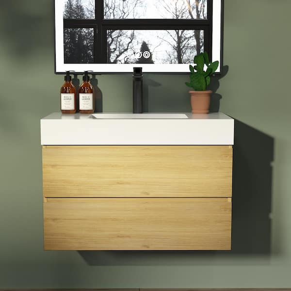 INSTER NOBLE 36 in. W x 18 in. D x 25 in. H Single Sink Freestanding Bath Vanity in Oak with White Solid Surface Integral Top