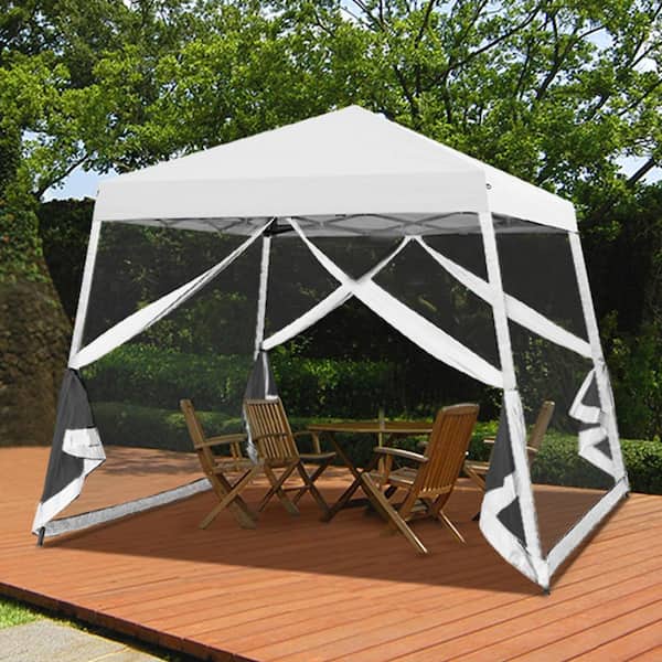 COOS BAY 10 ft. x 10 ft. White Patio Outdoor Instant Slant Leg Pop-up Canopy with Mesh Tent
