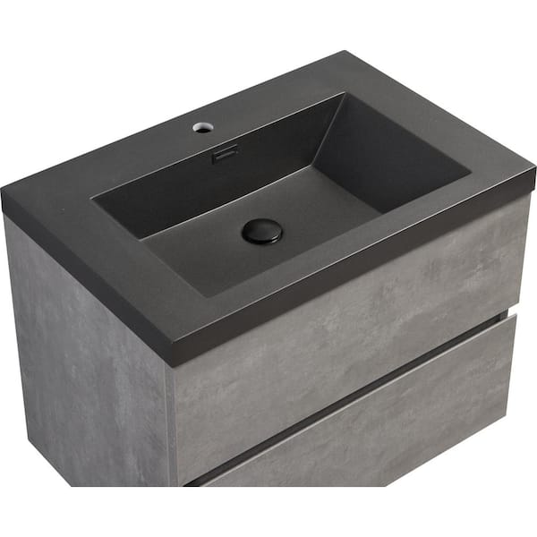 30 in. W Single Sink Floating Bath Vanity in Gray with Black Quartz Sand Top and Two Drawers, Pre-Assembled