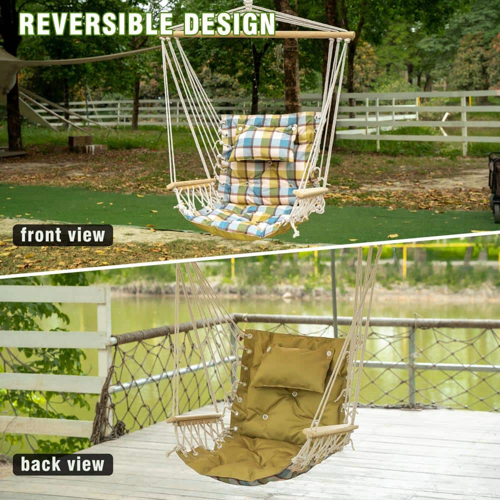 Extra Padded Green Plaid Hanging Chair with Wooden Armrests
