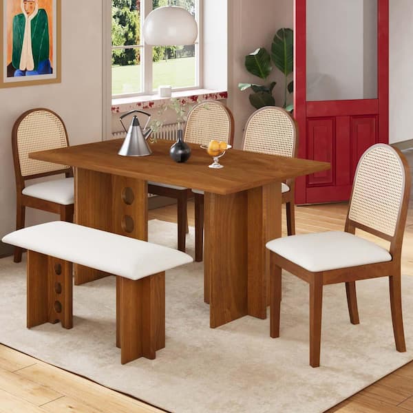 Zeus & Ruta 6-Piece Patio Furniture Walnut Wood Outdoor Dining Table Set with 4-Dining Chairs, Bench, Beige Cushions