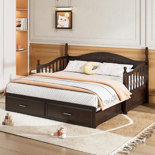Hamlin Espresso Brown Wood Frame Twin Size Daybed with Trundle, 2 Storage Drawers