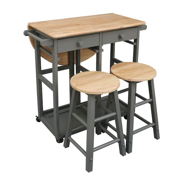 Casual Home Drop Leaf Hardwood Breakfast Cart with 2-Wooden Nesting Stools in Gray (3-Piece Set)