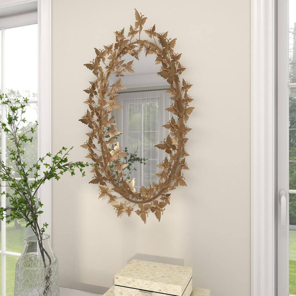 Gold Oval Wood Butterfly Wall Mirror, 19" x 33"