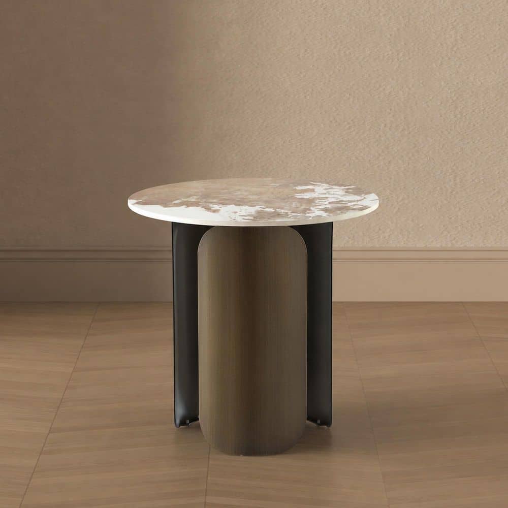 Monica 19.68 in. Modern Gold Round Sintered Stone Top End Table
