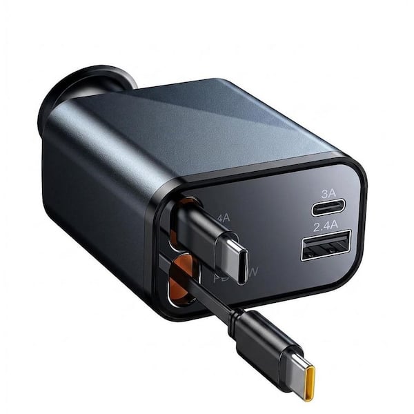 69W Retractable Car Charger Accessory in Black for Cars and Trucks, Fast Charging USB C, 1 Piece