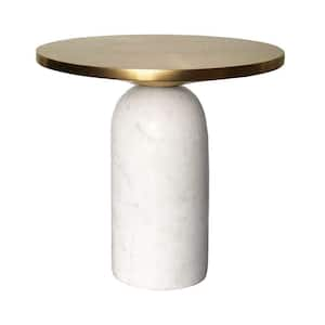 17 in. Brass and White Round Brass Modern Accent End Table with Cylindrical Marble Base