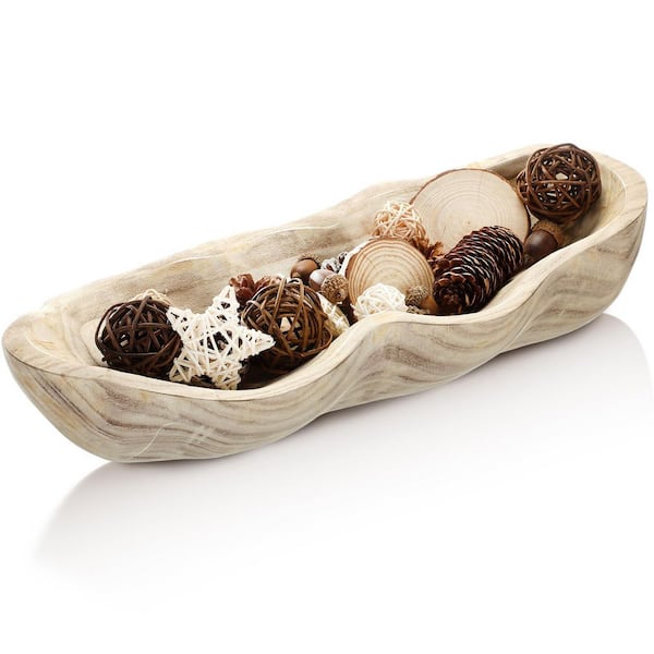 A 16 in. Beige Light-Colored Wooden Dough Bowl with a Wavy Live Edge for Rustic Farmhouse Decoration