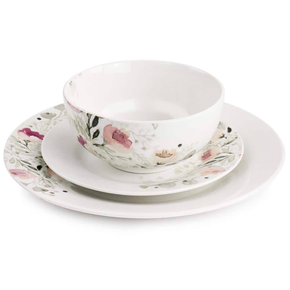 Lily Garden White and Pink Ceramic 12-Piece Floral Dinnerware Set