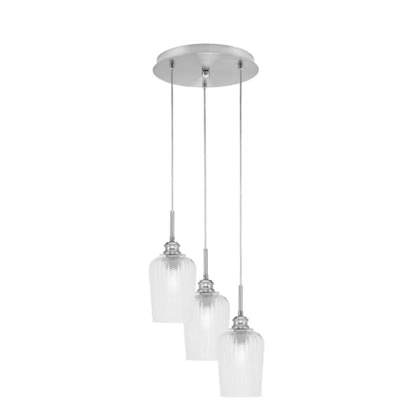 Unbranded Savannah 11 in. 3-Light Brushed Nickel Cord Pendant Light Clear Textured Glass Shade