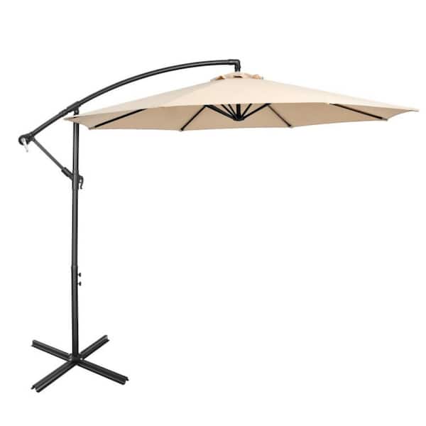 10 ft. Iron Patio Umbrella with 8 Ribs Cantilever and Cross Base in Beige