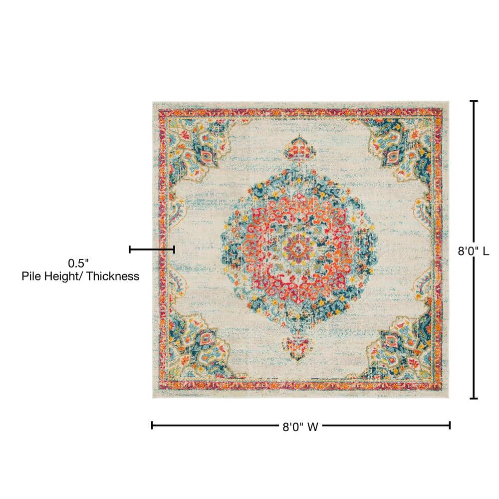 Ivory and Multicolor Square Synthetic Indoor Rug