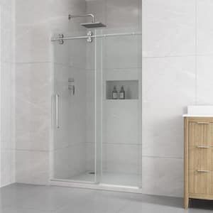 Reva 47 3/16 in. - 48 in. W x 74 in. H Alcove Sliding Frameless Shower Door in Satin Nickel Finish