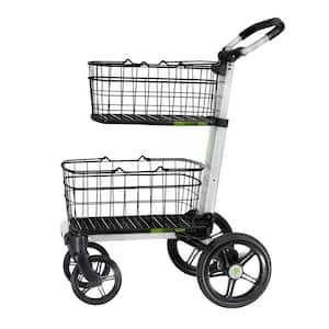 Folding Utility Cart, 2 Removable Baskets 7 in. Swivel Front and 10 in. Rear Wheels Rubber Tires Transport Tray for Bins