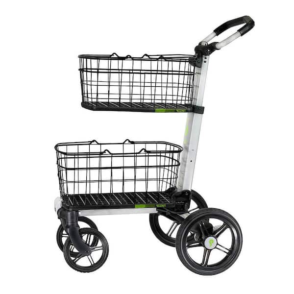 Scout Cart Folding Utility Cart, 2 Removable Baskets 7 in. Swivel Front and 10 in. Rear Wheels Rubber Tires Transport Tray for Bins