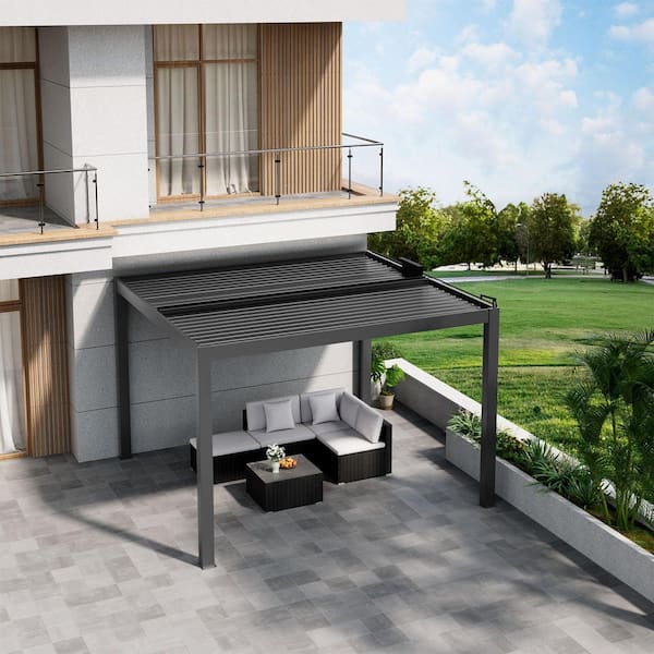 13 ft. x 12 ft. Dark Gray Aluminum Patio Pergola with Built-In Solar Panel, Ceiling Fan and Round LED Light