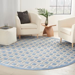 Aloha Blue/Gray 8 ft. x 8 ft. Round Geometric Contemporary Indoor/Outdoor Patio Area Rug