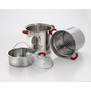 8 Qt. Stainless Steel Multi-Cooker Pasta Pot with Lid and Red Silicone Handles 13.75 in. x 10 in. x 8.25 in.