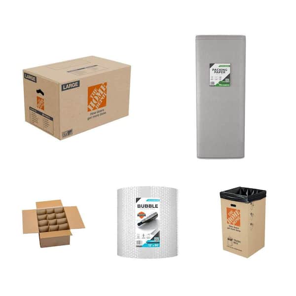 Moving Box (10-Pack), Packing Paper (2-Pack), Glass-Packing Box (2-Pack), Bubble Cushion (2-Pack), 42 gal. Trash Can