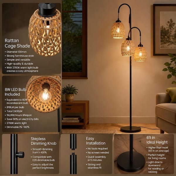 BICIK 69 in. Black Dimmable Tree Floor Lamp with 3 Arc Hanging