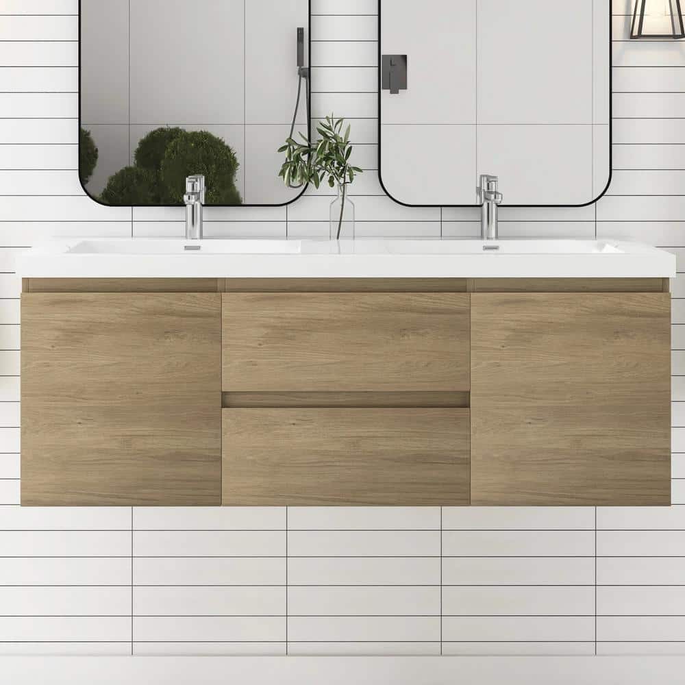 60 in. W x 20 in. D x 22 in. H Double Sink Floating Bath Vanity in Natural Oak with Glossy White Resin Top price history on PriceWatchPro