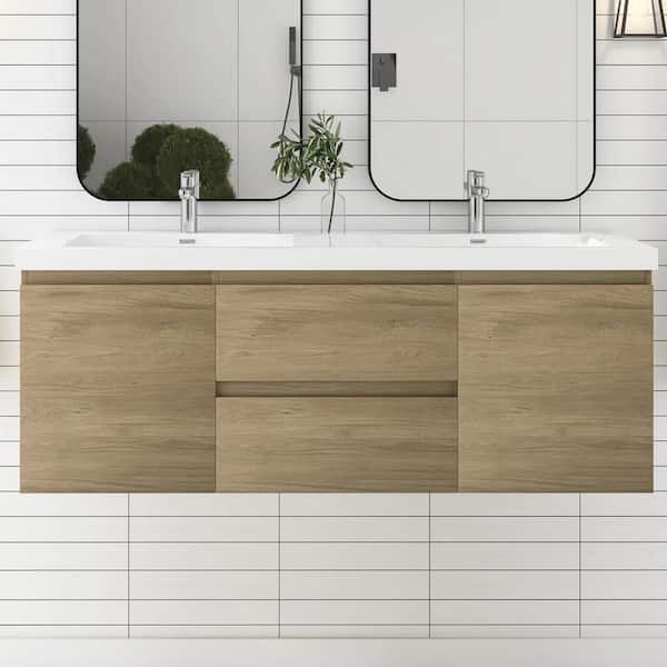 JimsMaison 60 in. W x 20 in. D x 22 in. H Double Sink Floating Bath Vanity in Natural Oak with Glossy White Resin Top