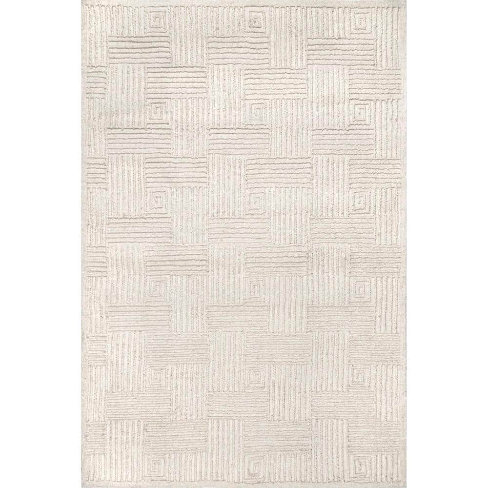 Handmade Ivory Geometric Wool Rectangular Area Rug 5x8