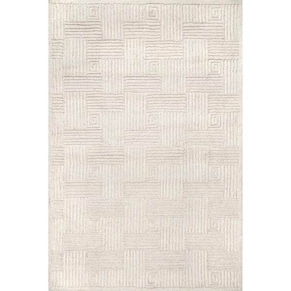 nuLOOM Mallory Hand Hooked Wool Geometric High Low Textured Ivory 5 ft. x 8 ft. Area Rug
