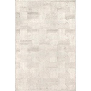 Mallory Hand Hooked Wool Geometric High Low Textured Ivory 6 ft. x 9 ft. Area Rug
