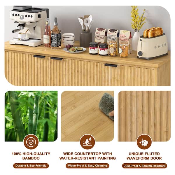 47.4 in. W Bamboo Sideboard Buffet, Dining Table, Accent Storage Cabinet with Fluted Doors, Yellow
